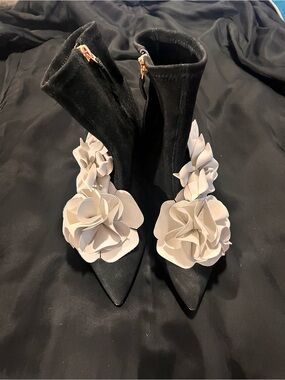 Sophia Webster Black Suede Pointed Toe Ankle Boots with Cream Floral Appliqués